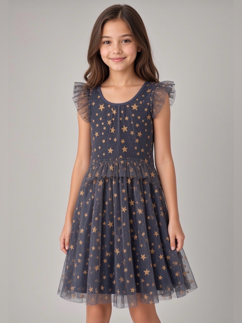 Hannah Banana Gray Gold Glitter Star Mesh Dress Size 10